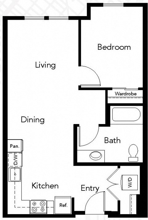 Floor plan for 1 bed, 1 bath, 691 sqft